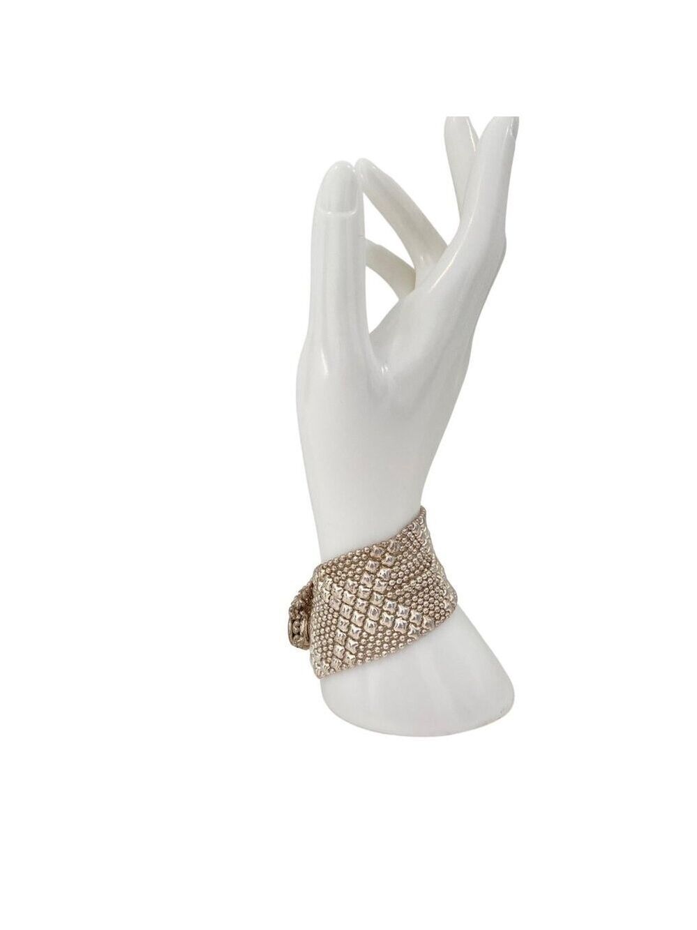 Vintage 1960s Silver-Toned Metal Wide Bracelet With Textured Beaded Design & Rou